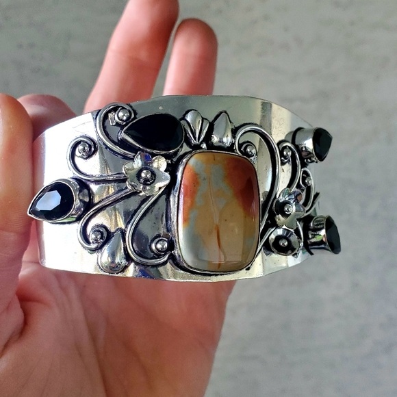 New Mookaite Jasper and Spinnel Cuff 925 Silver Bracelet. - Picture 8 of 16